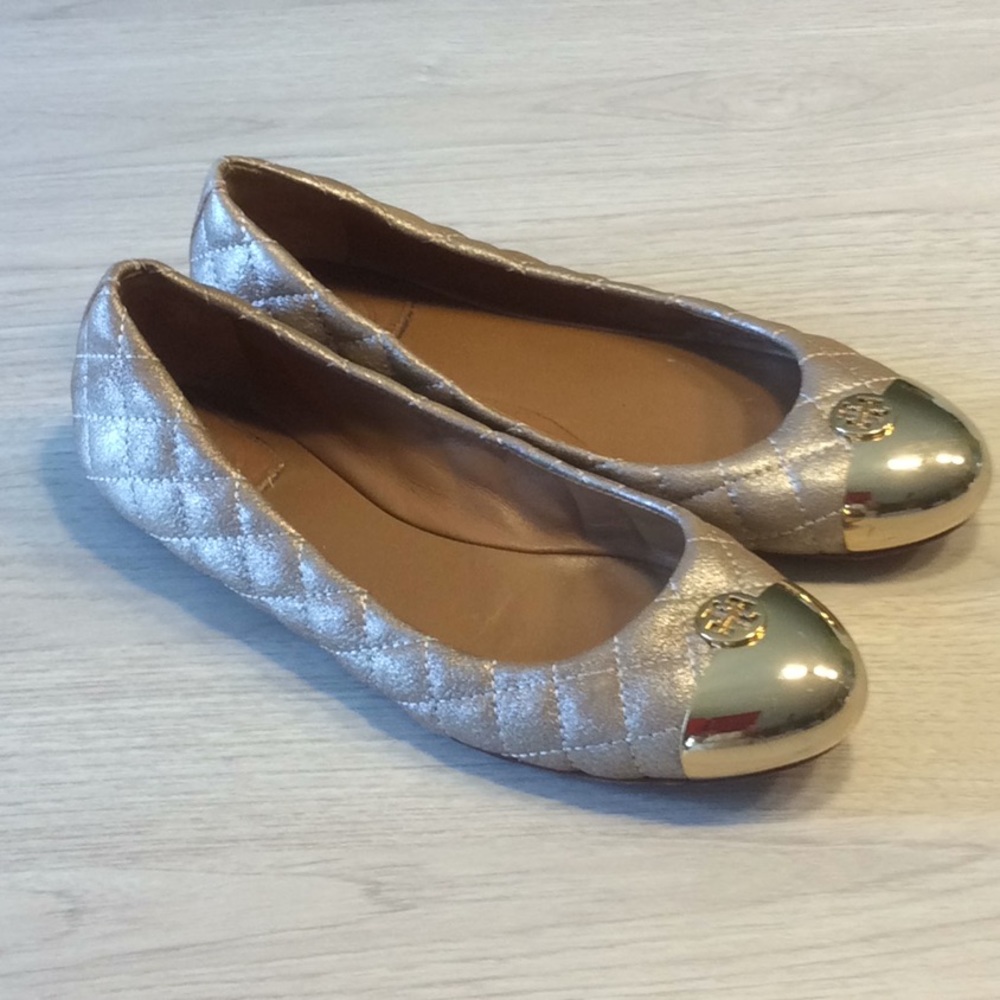 Tory Burch Kaitlin Quilted Metallic Ballet Flats Shoes Tan Gold - Size 7